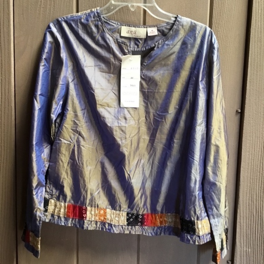 Iridescent silk top with beautiful patchwork trim